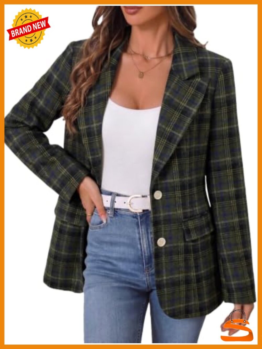 Womens Plaid Blazer Jacket Slim Fit Business Casual Peak Lapel